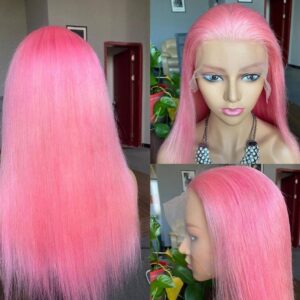 100% REAL HUMAN HAIR. (13X4 LACE FRONTAL WIG) PINK COLOR (28 INCHES)